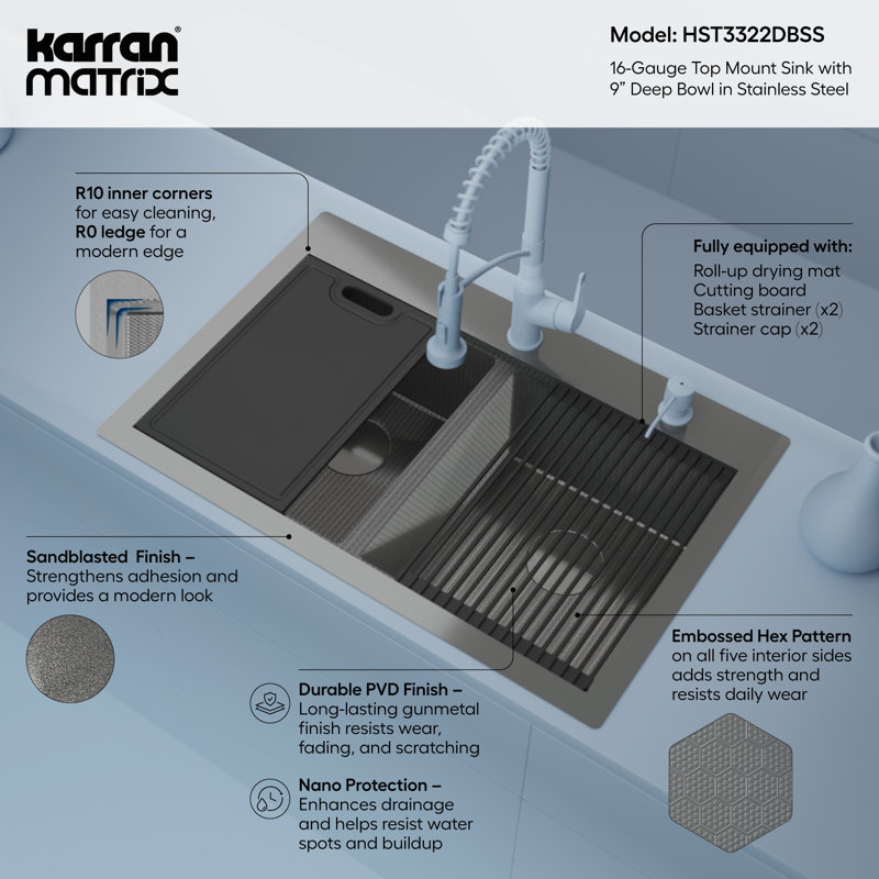 Karran Matrix 33" Top Mount Workstation 16 Gauge Double Bowl Stainless Steel Kitchen Sink with Accessories