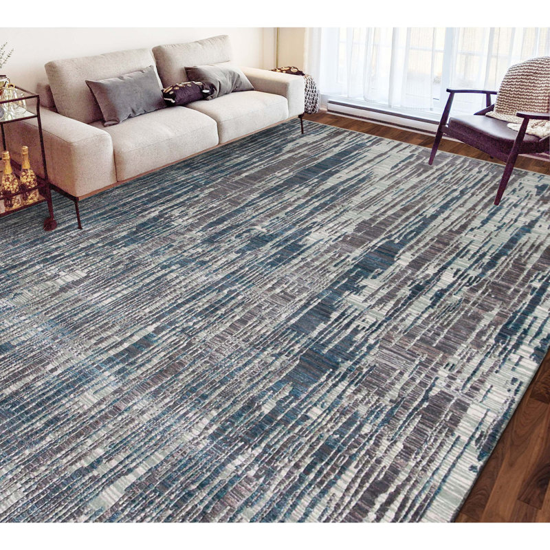 Tapis en laine / viscose noué à la main bleu sarcelle / gris, Rectangle 6 pi x 9 pi