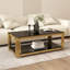 Table basse rectangulaire en verre doré de 47 po à double couche, table de salon moderne noire, plateau de table en verre trempé noir, pieds en acier inoxydable doré, convient aux salons et aux bureaux