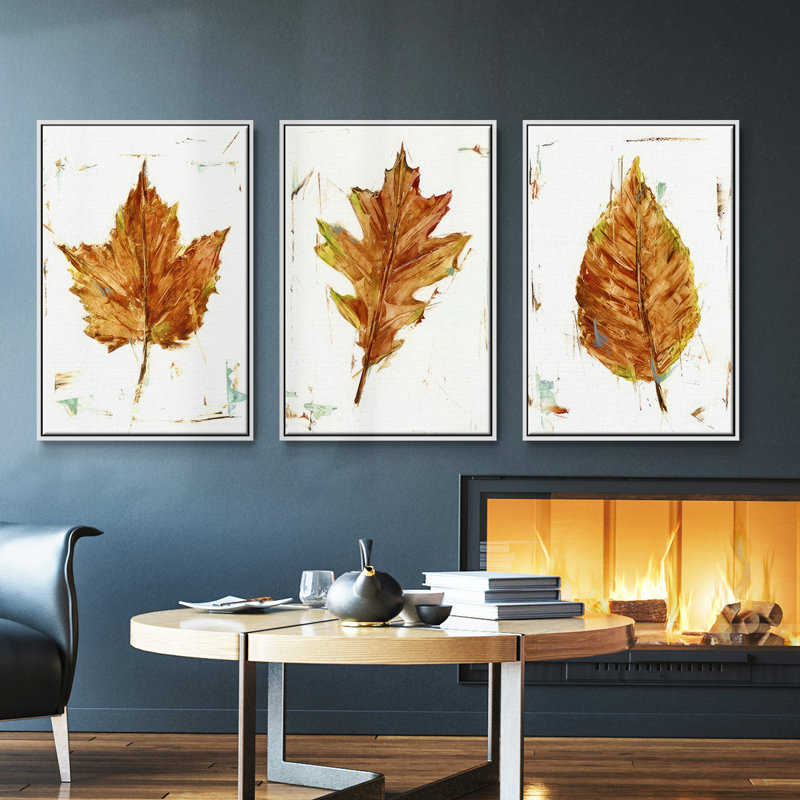 Autumn Leaf Study I - Ensemble de 3 cadres photo simples sur toile, H 27 po x l 54 po, Blanc