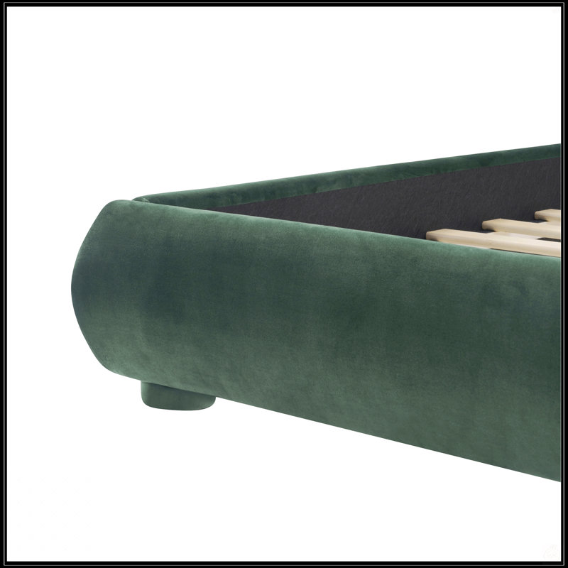 Grand lit en velours vert foncé: texture luxueuse légère, atmosphère haut de gamme et tête de lit courbée élégante, Queen
