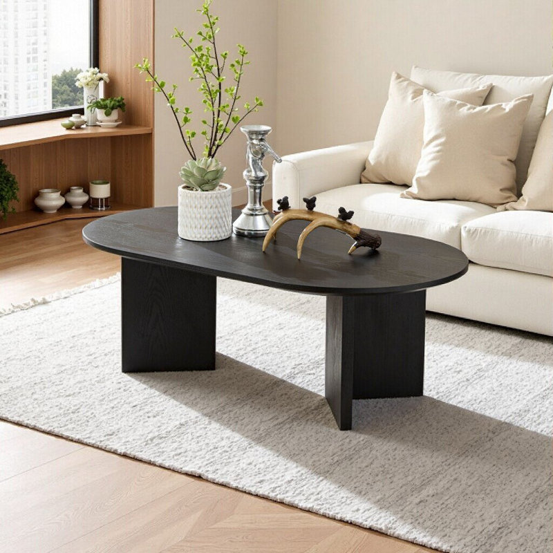 Table basse moderne moderne ovale en bois aggloméré 39,37 pouces avec base piédestal robuste, Noir