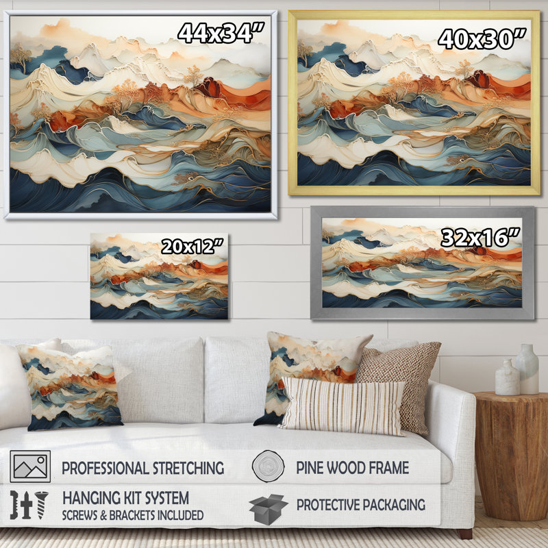 Abstract Orange And Blue River Ink III - Abstract Marble Canvas Art, 34" H x 44" W, Wrapped Canvas, No Frame