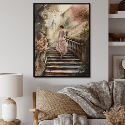 Femme élégante qui marche dans les escaliers III - Art mural romantique pour femme dans le salon