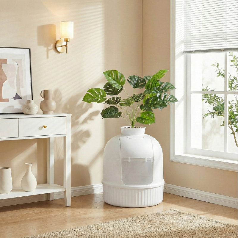 Plant Cat Litter Box Enclosure with Artificial Plan, White