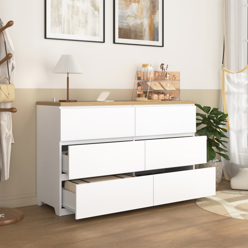Armoire de rangement 6 tiroirs, Blanc / Naturel