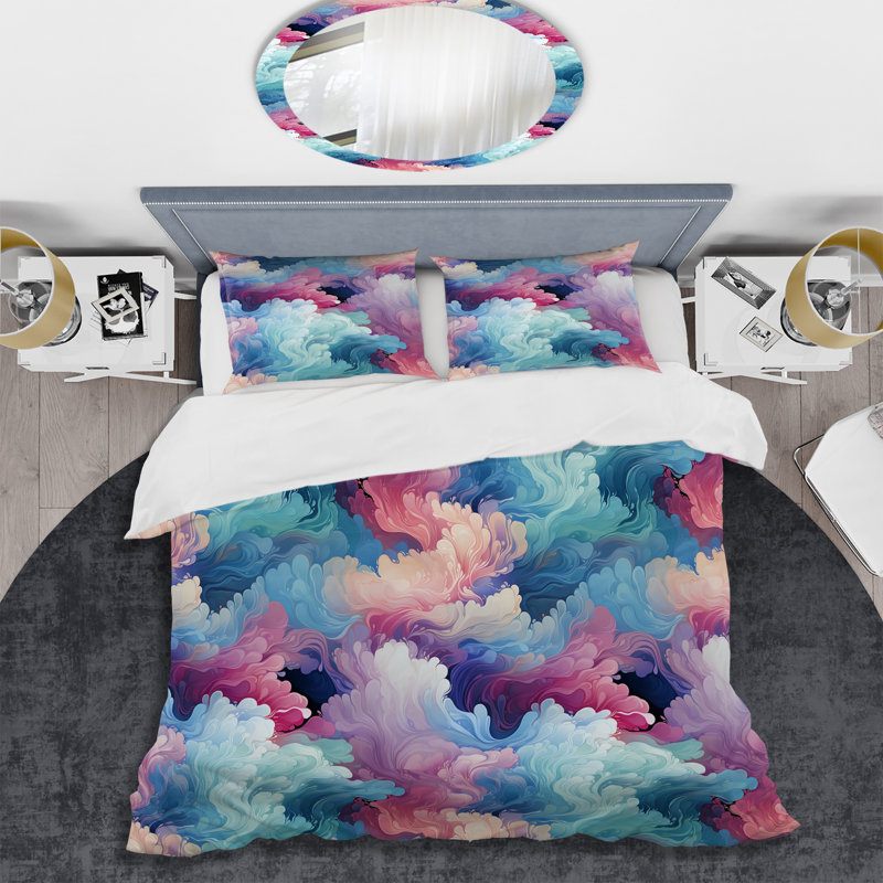 Abstrait multicolore bleu et rose nuage Mirage I - Ensemble de housse de couette abstrait
