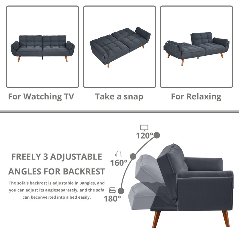 Tarantino Twin 75.3'' Upholstered Split Back Convertible Sofa, Dark Gray Black Linen