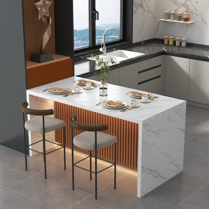 Large Imitation Marble Dining Table for 4-6 People,Kitchen Island Table with LED Lights, Mordern Marble Stripes Kitchen Dining Table with Grille design for Dining Room