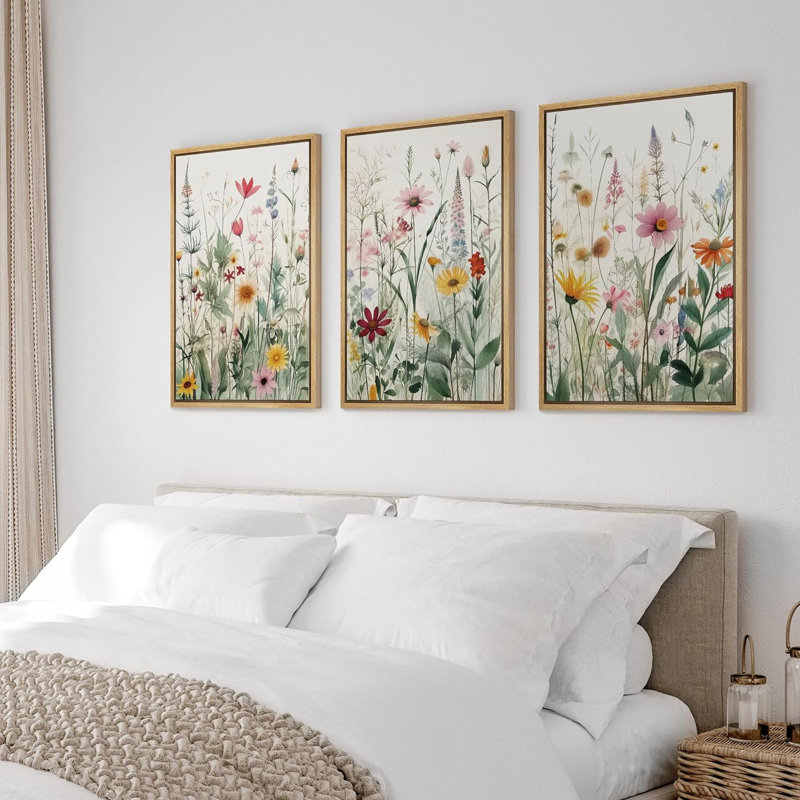 «Vibrant Wildflower Green Garden Floral Boho», reproduction d'art encadrée sur toile, 3 pièces, H 24 po x l 16 po