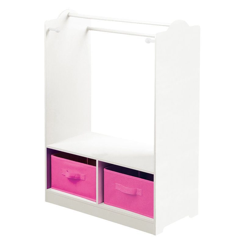 White Wooden Dress Up Unit with Two Pink Storage Boxes