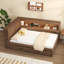 Lit de jour en bois pleine grandeur avec tablettes de rangement, USB, DEL et lit gigogne, couleur bois antique-2086086108