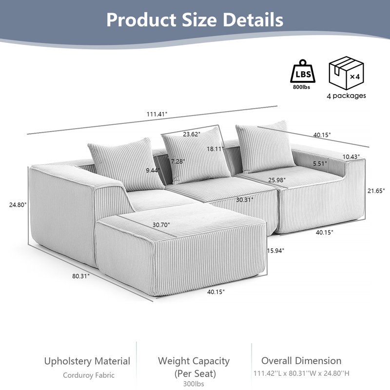 Canapé modulaire en L avec repose-pieds Corduroy, Velours côtelé beige