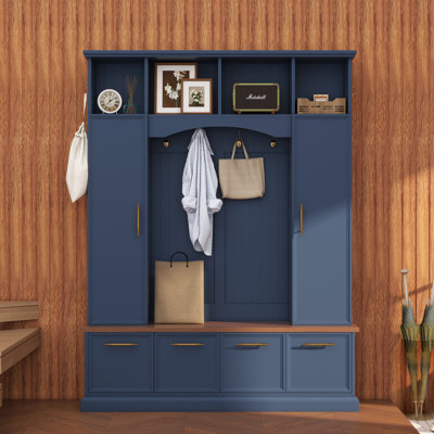 Élégant portemanteau 4-en-1 avec crochets et poignées dorés, banc pratique en noyer pour entrée avec tablettes réglables, porte manteau et porte-chaussures style campagne en bois H 76,7 po, bleu