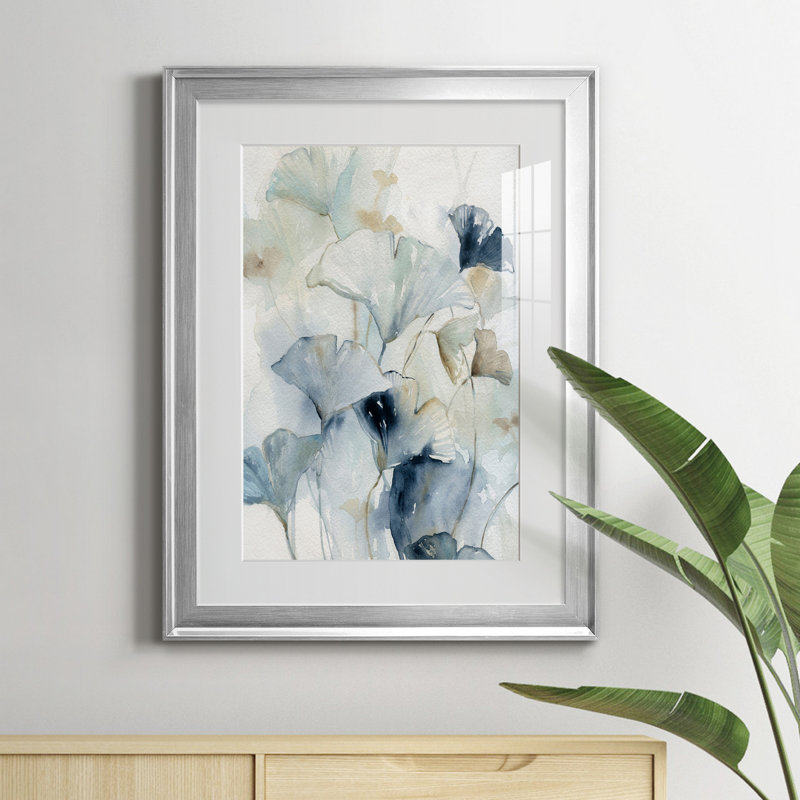 Indigo Ginkgo I - peinture sur toile encadrée, H 18,5 po x l 24,5 po x P 1,5 po, Argent