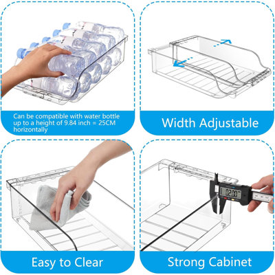 Lot de 2 organisateurs de réfrigérateur avec rangement ajustable en largeur, distributeur de canettes extensibles pour bière, soda et boissons gazeuses, idéal pour le réfrigérateur, la cuisine et le garde-manger (transparent).