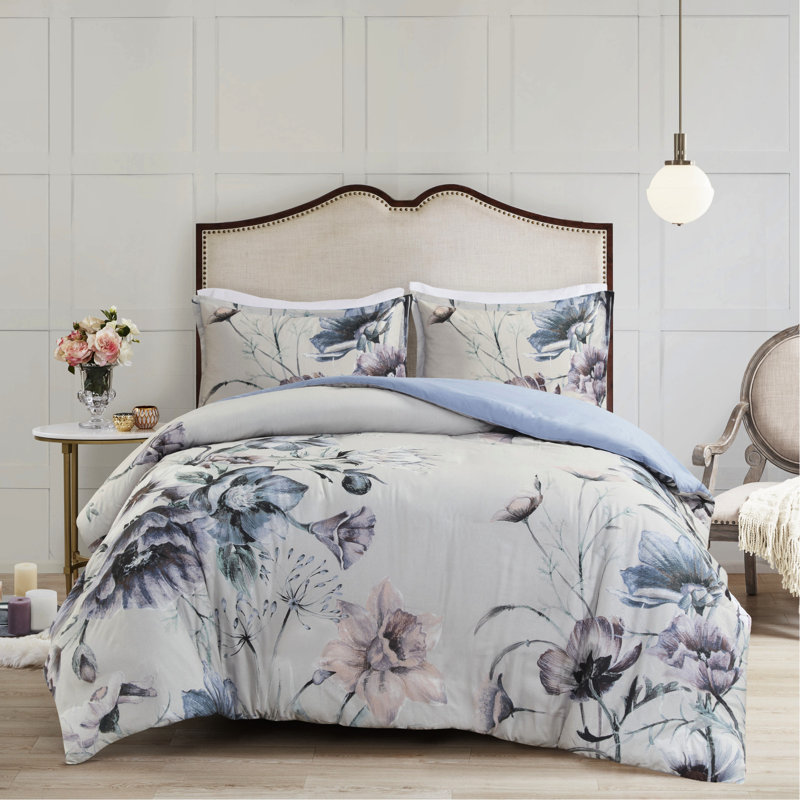 Housse de couette imprimée en coton King/King - Thème shabby chic avec un mélange de couleurs romantiques, 3 pièces comprenant 1 et 2 taies d'oreiller, fermeture à boutons et attaches aux coins, élégant motif floral, 3 magnifiques imprimés.