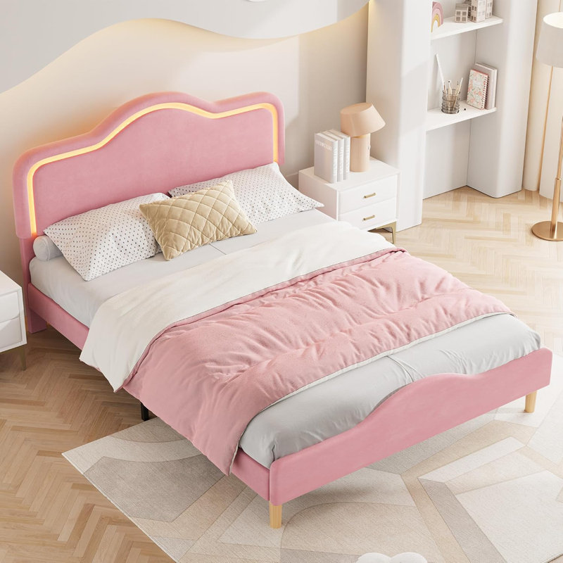 Upholstered Bed Frame with Adjustable Headboard and Footboard, Velvet Princess Platform Bedframe for Kids/Girls, Beige, Queen