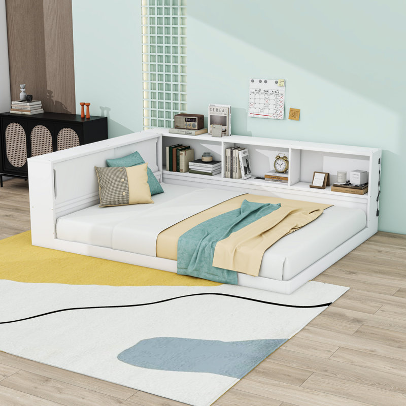 Queen Wooden Daybed with Light Strip, USB Ports and Shelves, White