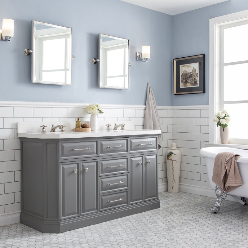 60" Palace Collection Quartz Carrara Cashmere Grey Bathroom Vanity Set With Hardware, Mirror in Polished Nickel (PVD) Finish