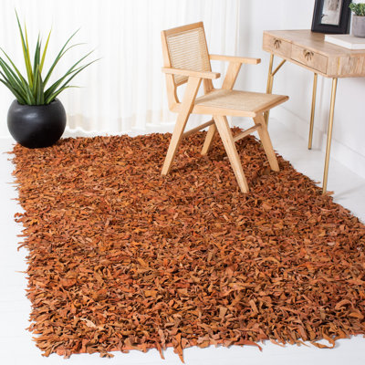 Leather Shag Handwoven Rag Leather/Cotton Solid Color Rug in Orange