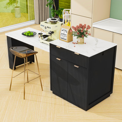 Kitchen Island with Extendable Dining Table for 4-6, Double-Sided Storage, Power Outlet and Drawers