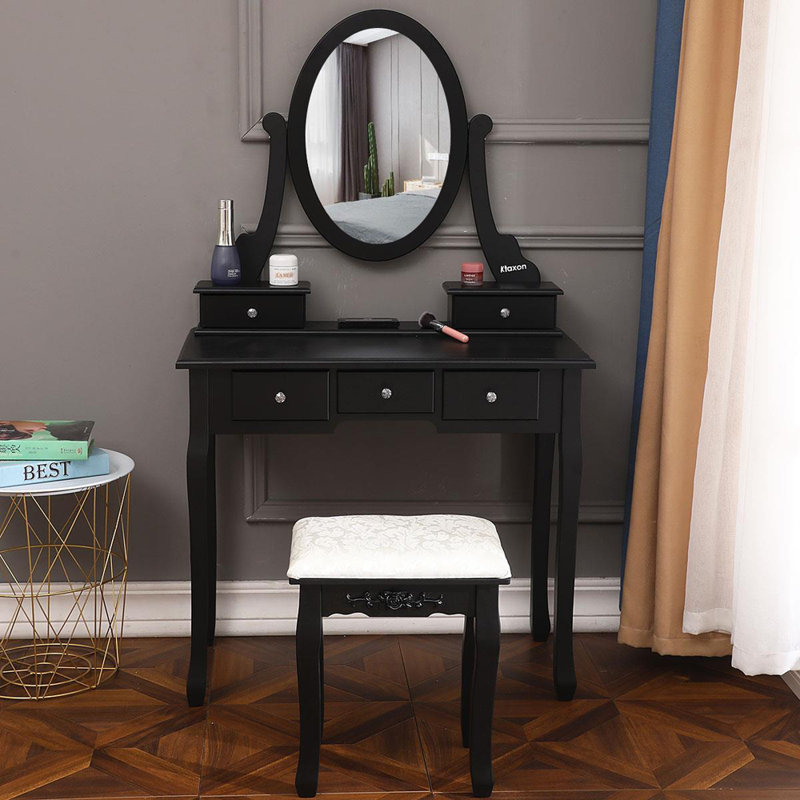 Ensemble coiffeuse et tabouret en bois massif Edie, Noir