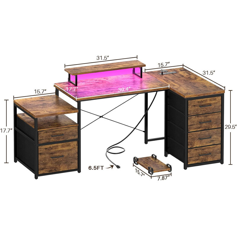 Bernydette Reversible L Shaped Computer Desk with Fabric File Drawers, Corner Desk with RGB LED Lights & Power Outlets & Monitor Stand