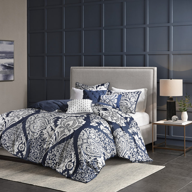 Vienna 6 Piece Cotton Sateen Duvet Cover Set, King Duvet Cover+2 Standard Shams+3 Throw Pillows, Indigo