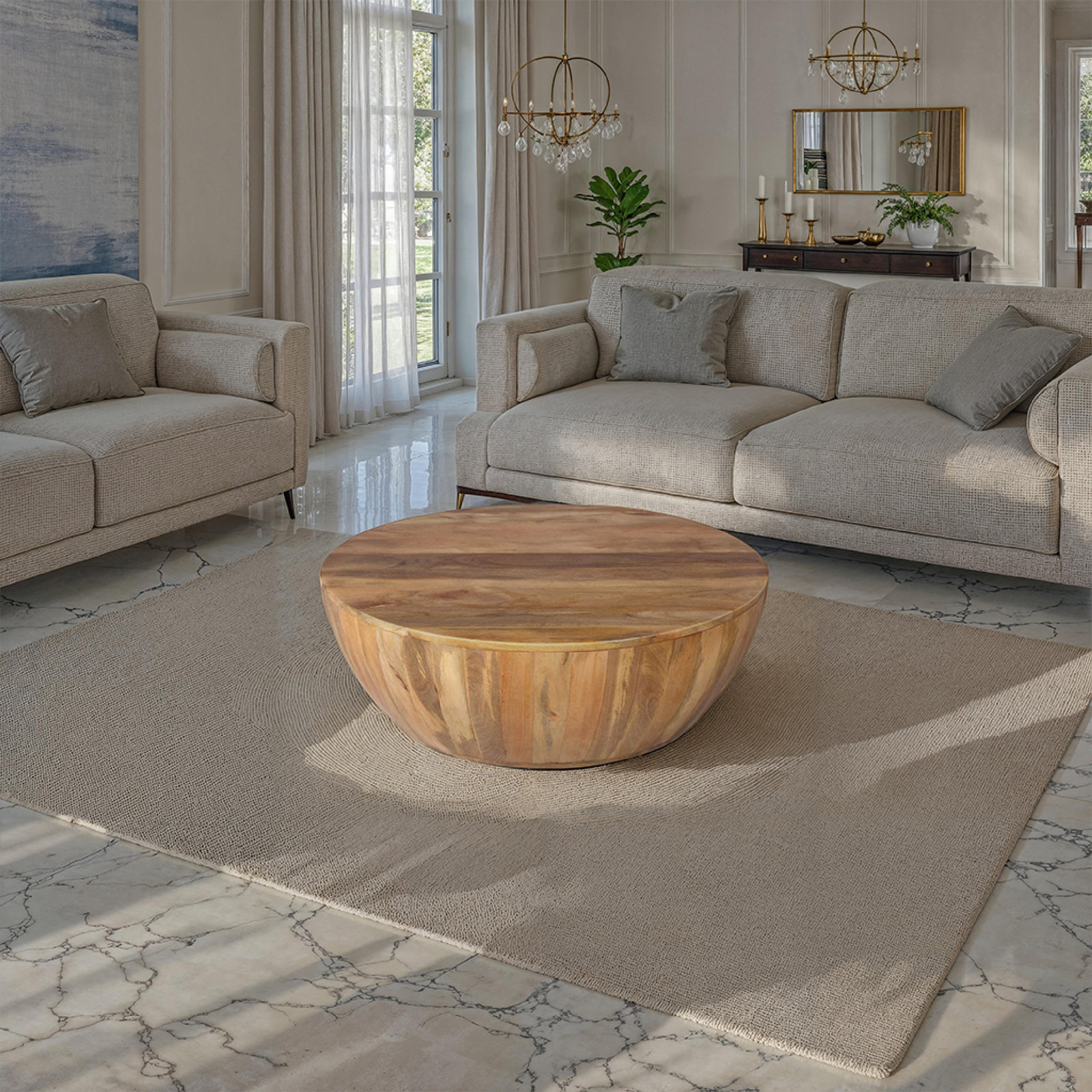 Teasdale 36" Mango Drum Coffee Table, Dark Brown