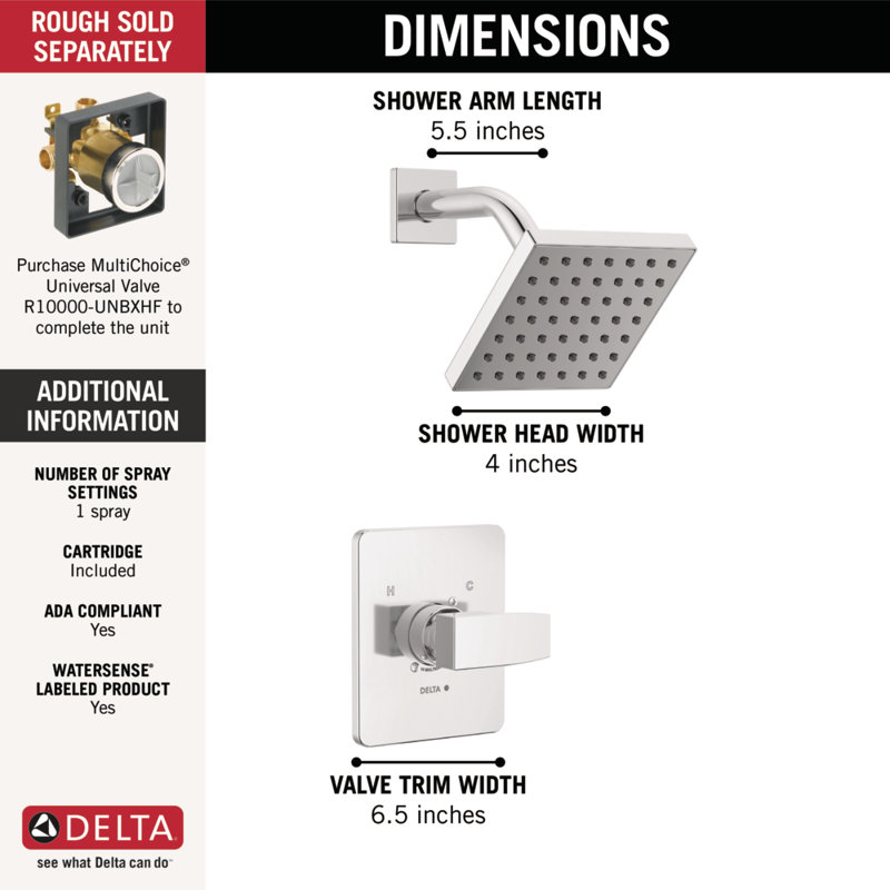 Ensemble de robinet de douche Modern 14 Series, ensemble de pomme de douche et poignée chromées, ensemble de garniture de valve, chrome (valve non incluse)