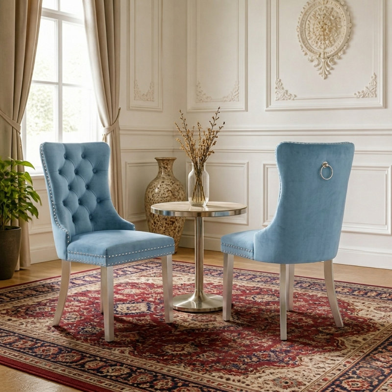 Chaise de salle à manger moderne en velours avec dossier capitonné et garniture cloutée (lot de 2)
