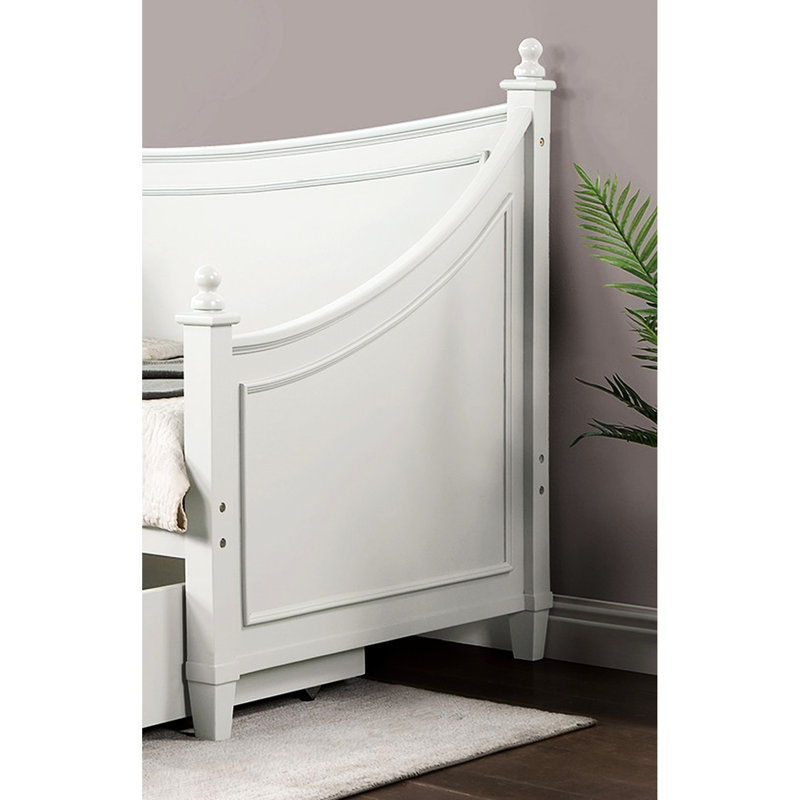 Lit de jour simple blanc de style transitionnel, détails de moulures, conception d'affiche avec fleurons, structure en bois massif, installation pour matelas pour dormir dans de petites pièces et bois d'ingénierie,
