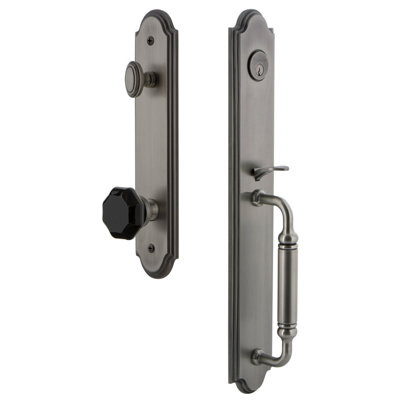 Arc Handleset with Single Cylinder Deadbolt and Lyon Door Knob and Rosette, 2.375", Antique Pewter