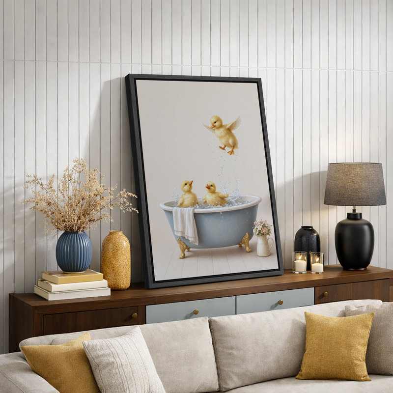 «Cute Ducklings Splashing In Bathaign», reproduction de chambre de bébé, impression sur toile encadrée, Black Frame
