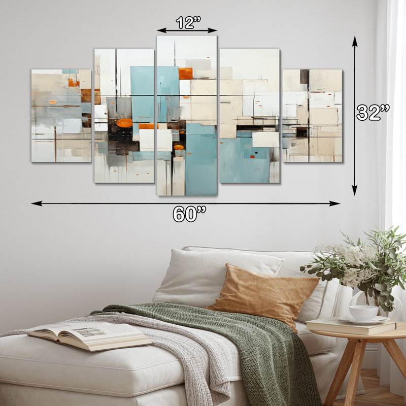 «Beige bleu sarcelle» - 5 panneaux abstraits