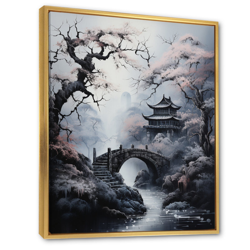 Pont du Japon gris dans le brouillard sur toile, H 32 po x l 16 po x P 1 po, Cadre flottant doré