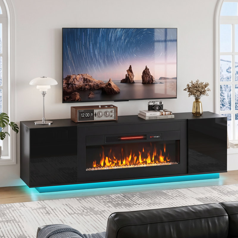 Meuble télé de 70 po avec foyer électrique, console télé avec éclairage DEL RVB, flamme 3D, chauffage 1500 W, compatible avec les téléviseurs jusqu'à 80 po, noir