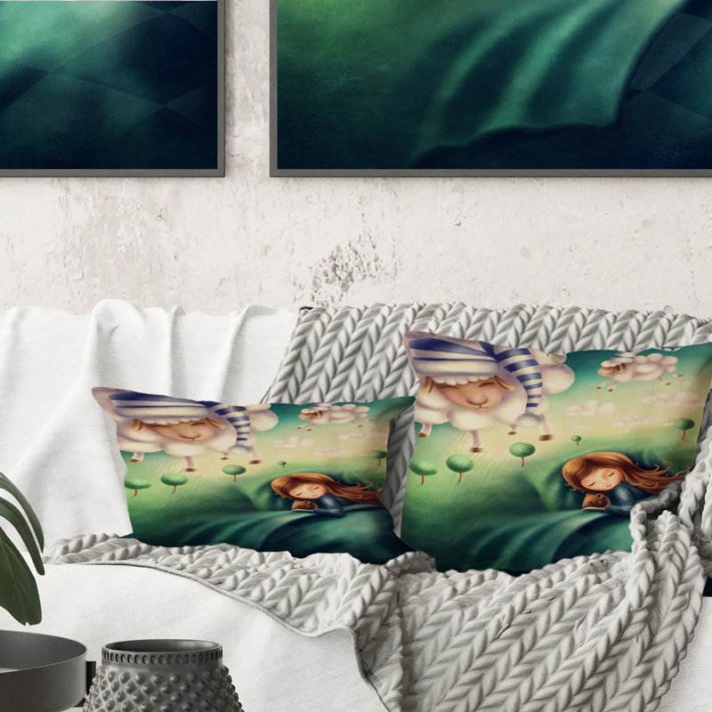Coussin Little Girl And Ounting Sheep, 16 po x 16 po