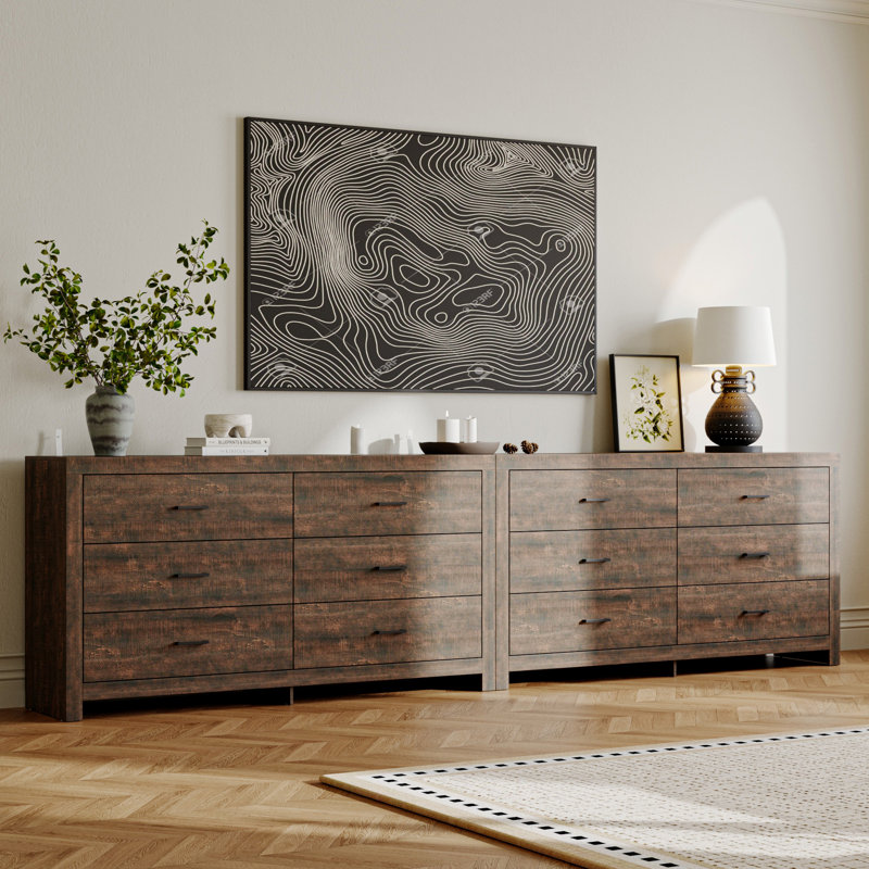 2-Piece 126" Wide TV Stand with 12 Storage Drawers, Media Console For 70/75/85/90/100+ Inch TVs, Brown Wood