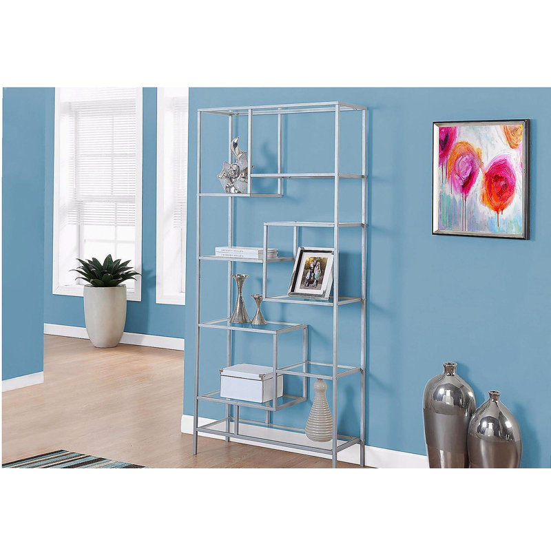 Étagère de présentation à 72 niveaux de 72 pouces, verre trempé transparent dans un cadre en métal moderne, Argent argent