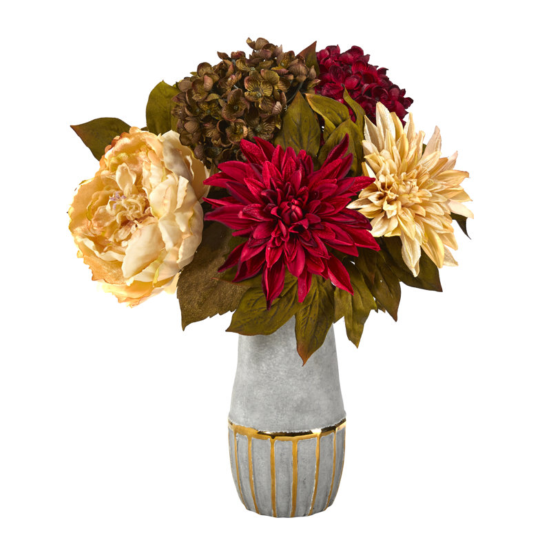 Arrangement artificiel de pivoine, d’hortensias et de Dahlia de 17 po dans un vase en grès avec garniture dorée