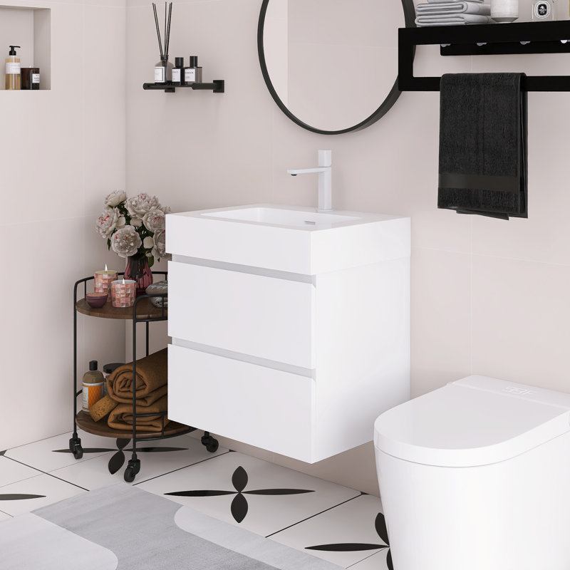 Meuble-lavabo mural 24 po avec lavabo, Blanc, Blanc