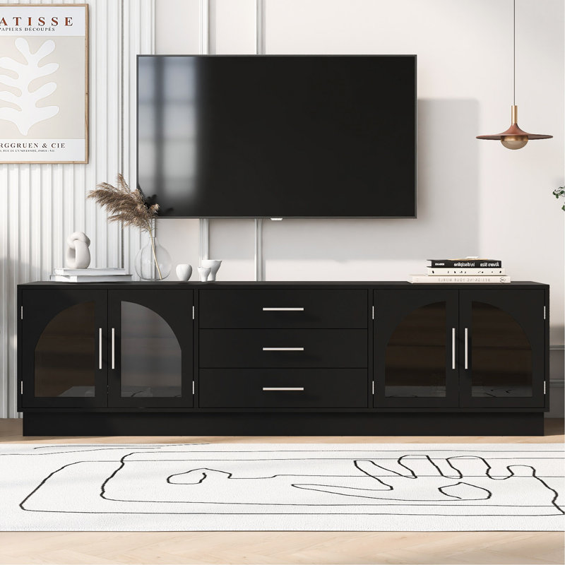Meuble télé moderne et minimaliste pour téléviseur de 75 po ou moins avec tablettes réglables, Noir