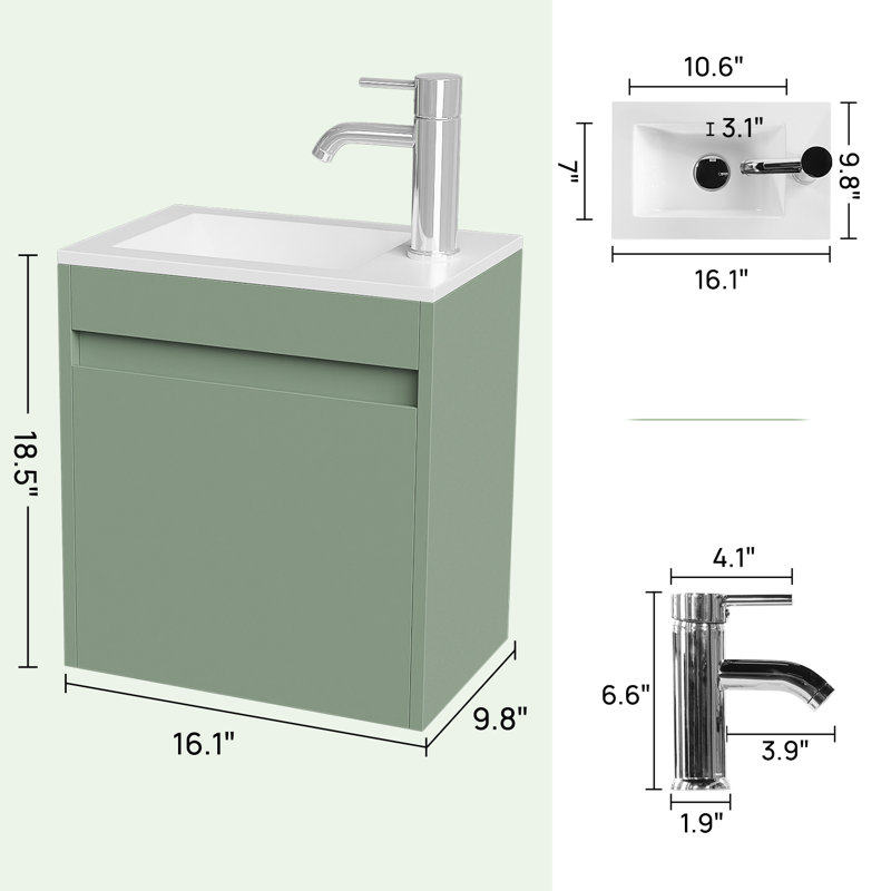 16” Bathroom Vanity Sink Combo For Small Space Wall Mounted Cabinet Set, Sage Green