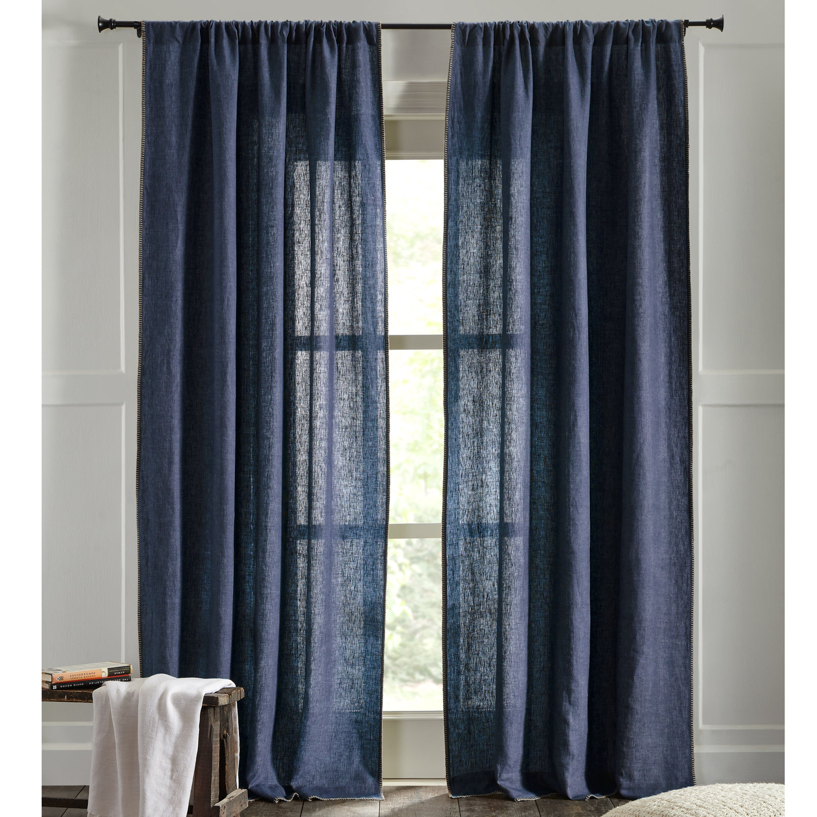 Brian Semi Sheer 100% Linen Curtain, Indigo, 50" W x 120" L