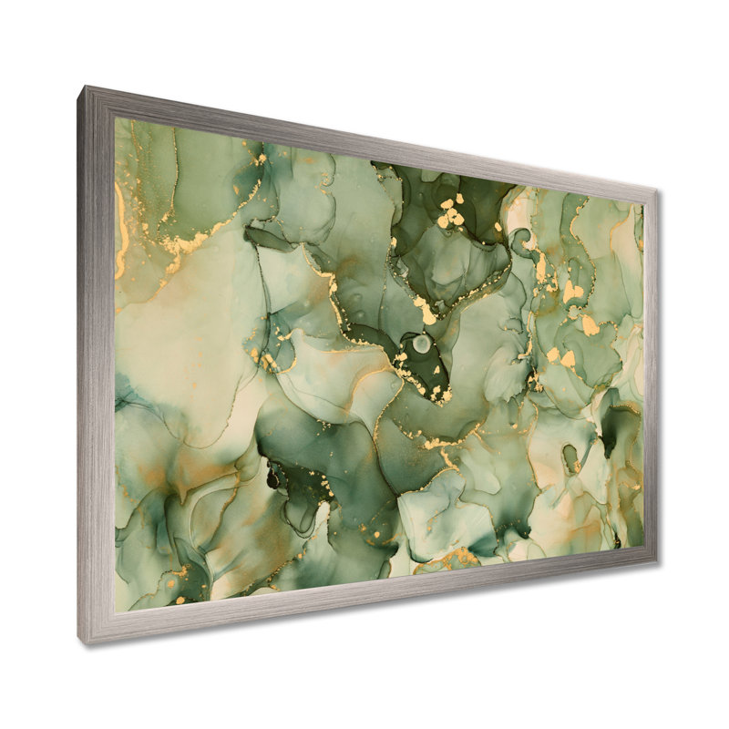 «Green Luxury Abstract Fluid Art I», reproduction d'art sur toile moderne, H 16 po x l 32 po, Impression encadrée