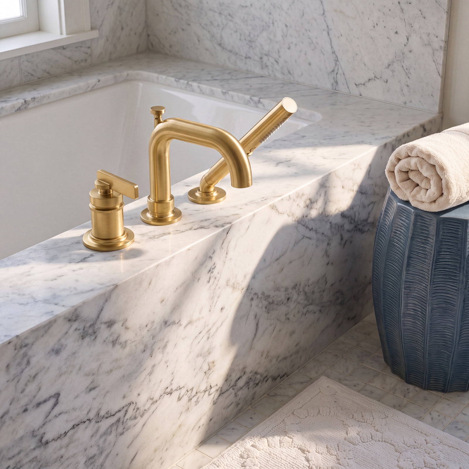 Castia Deck-Mount Bath Faucet with Handshower, Moderne Brass