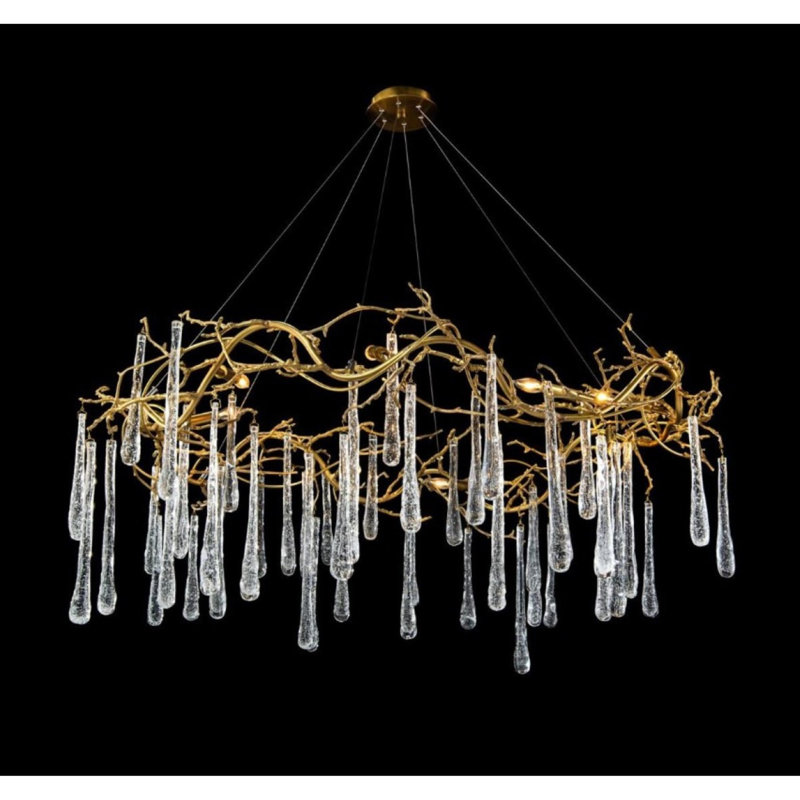 Lustre en forme de goutte de lumière en verre Irène, Transparent, Plaqué or, 51” Diameter x 71" Height