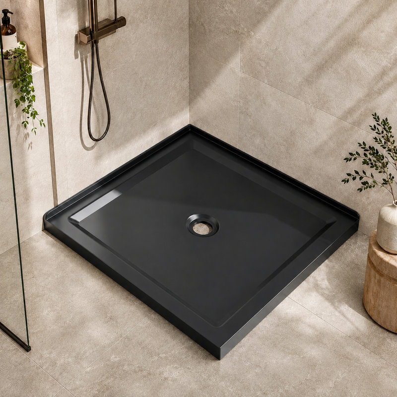 Receveur de douche en acrylique à seuil double avec bonde centrale, dimensions : 91,4 cm (L) x 91,4 cm (P) x 8,6 cm (H)